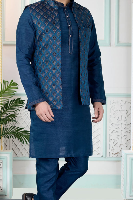 Blue Jaquard Mens Nehru Jacket (NMK-9151)