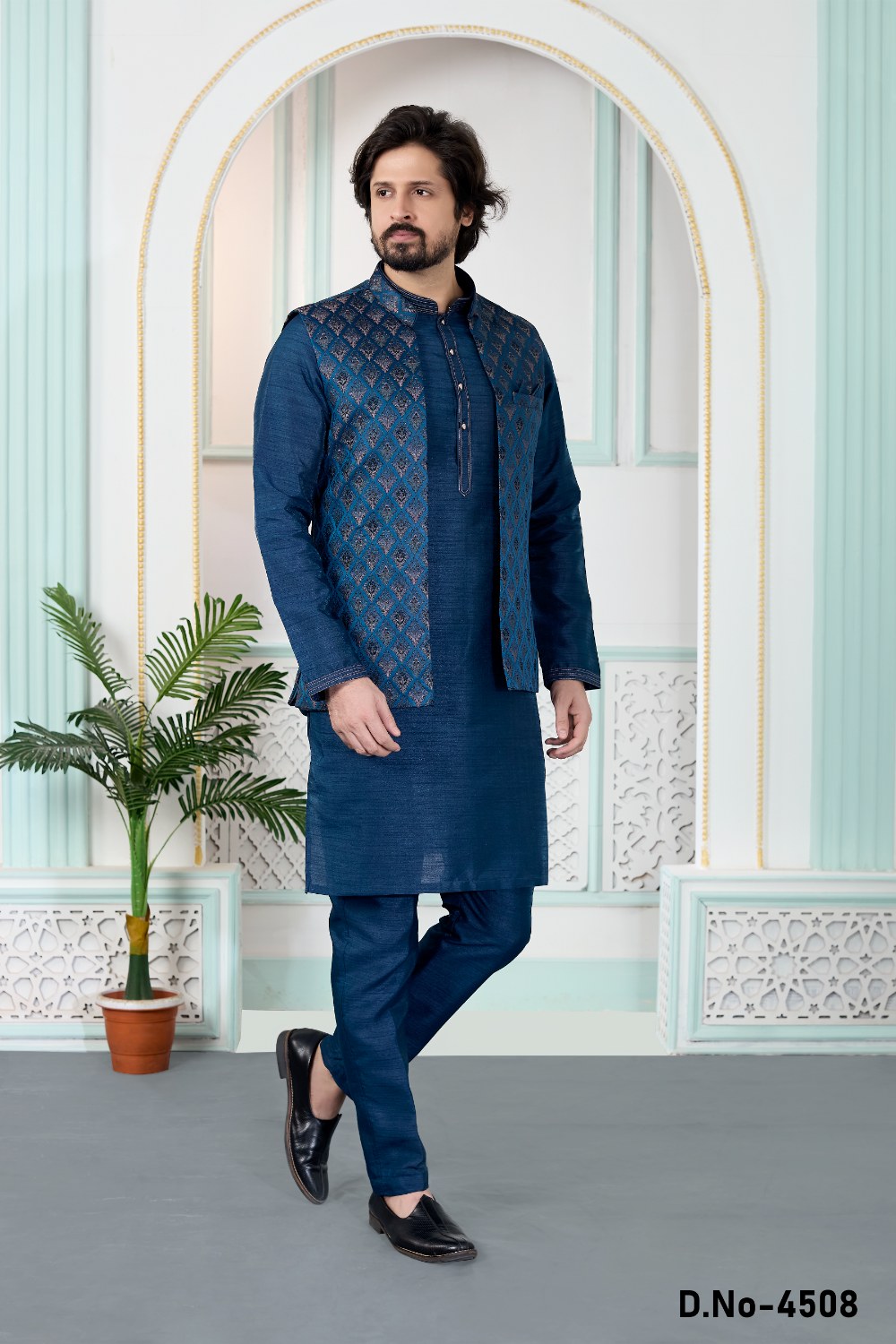Blue Jaquard Mens Nehru Jacket (NMK-9151)
