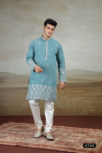 Greyish Blue Art Silk Kurta Pajama (NMK-9155)