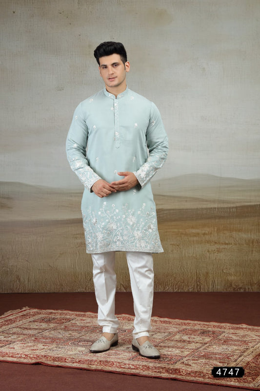 Light Blue Art Silk Kurta Pajama (NMK-9158)
