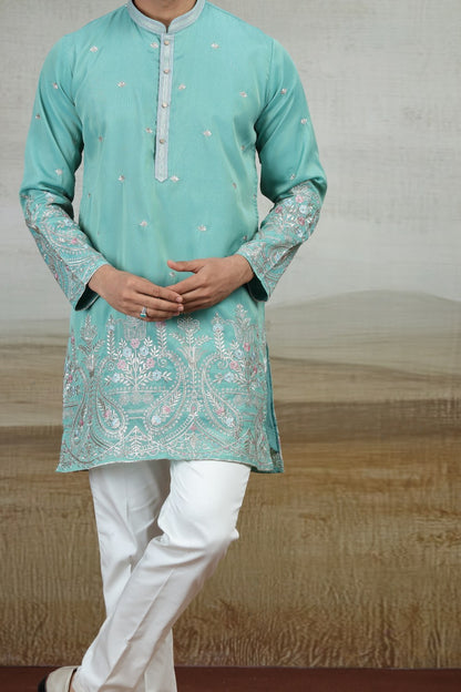 Blue Art Silk Mens Kurta Pajama (NMK-9162)