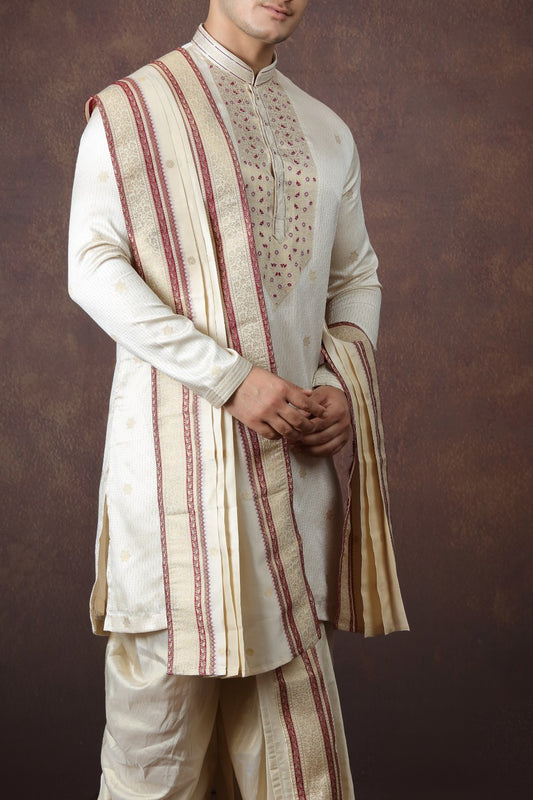 Beige Jaquard Silk Mens Kurta Pajama (NMK-9168)