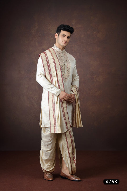 Beige Jaquard Silk Mens Kurta Pajama (NMK-9168)