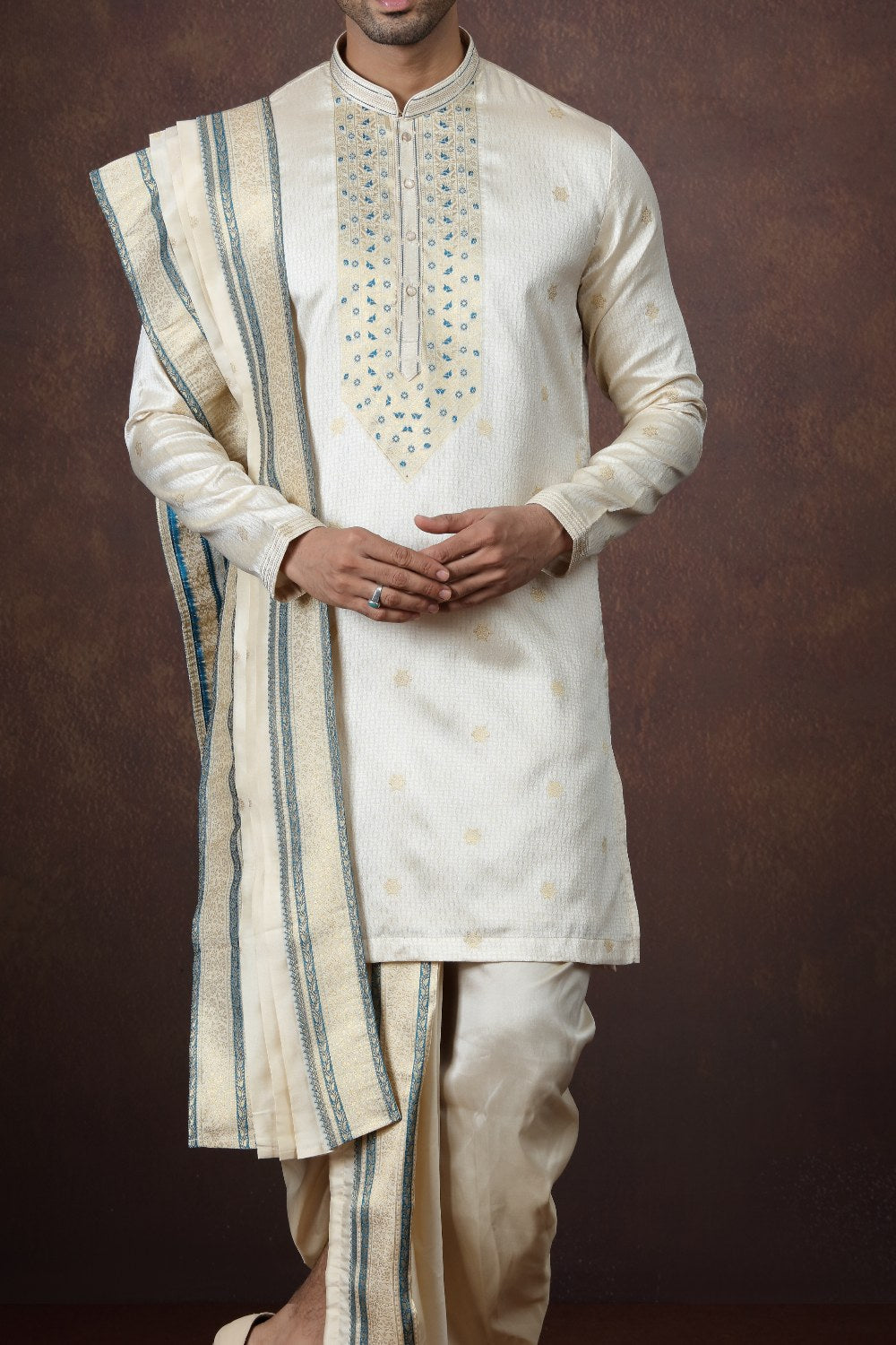 Beige Jaquard Silk Kurtas for Men (NMK-9169)