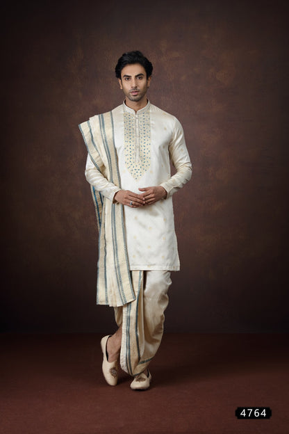 Beige Jaquard Silk Kurtas for Men (NMK-9169)