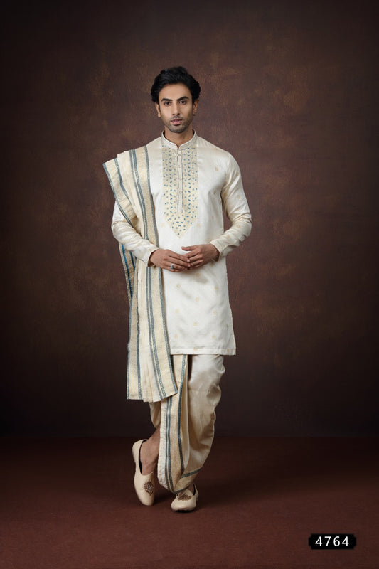 Beige Jaquard Silk Kurtas for Men (NMK-9169)