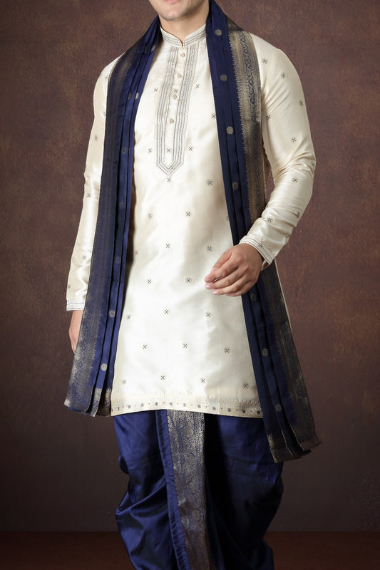 Beige Jaquard Silk Kurta Pajama for Men (NMK-9170)