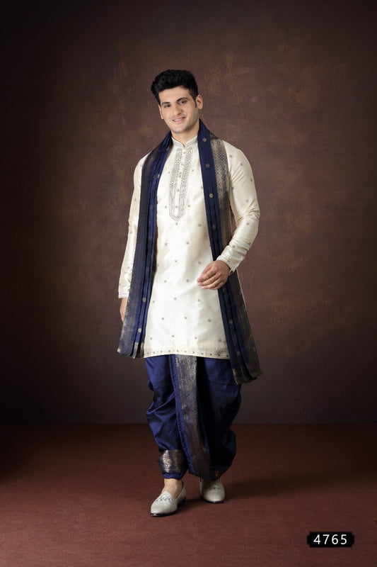 Beige Jaquard Silk Kurta Pajama for Men (NMK-9170)