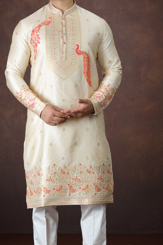 Beige Jaquard Silk Mens Kurta (NMK-9172)