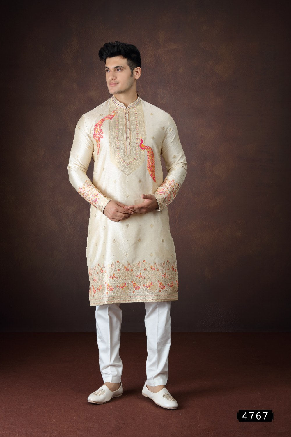Beige Jaquard Silk Mens Kurta (NMK-9172)