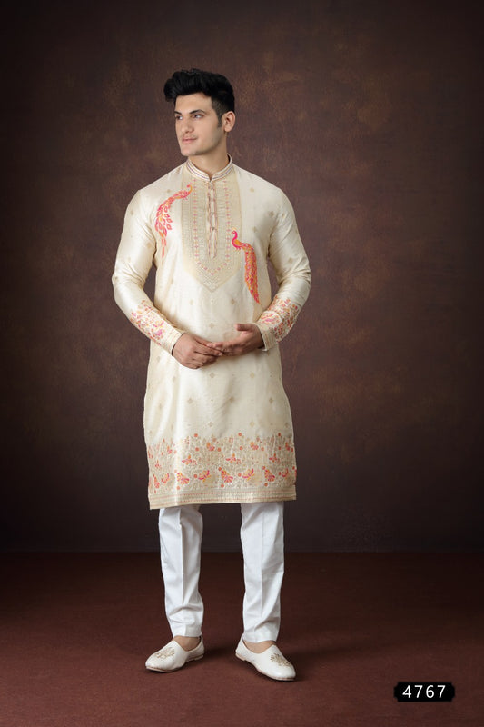 Beige Jaquard Silk Mens Kurta (NMK-9172)