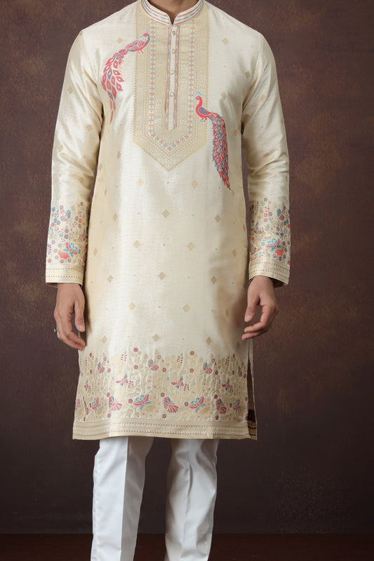 Beige Jaquard Silk Mens Kurta Pajama (NMK-9173)