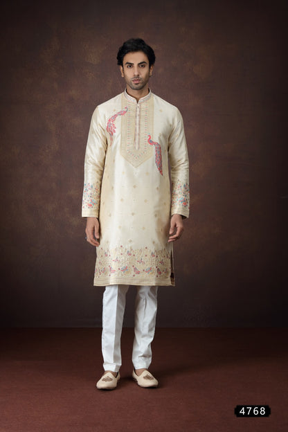 Beige Jaquard Silk Mens Kurta Pajama (NMK-9173)