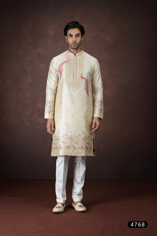 Beige Jaquard Silk Mens Kurta Pajama (NMK-9173)