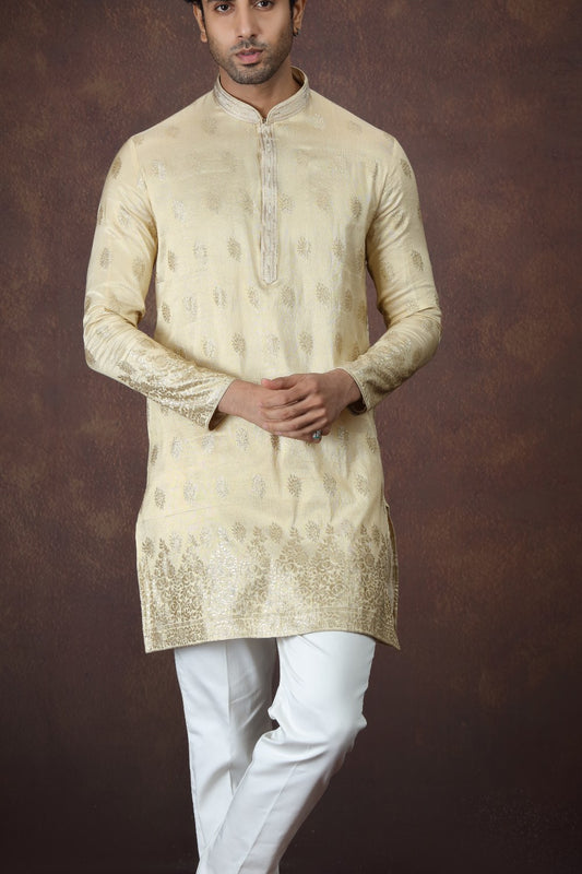 Gold Jaquard Silk Kurta Pajama (NMK-9174)