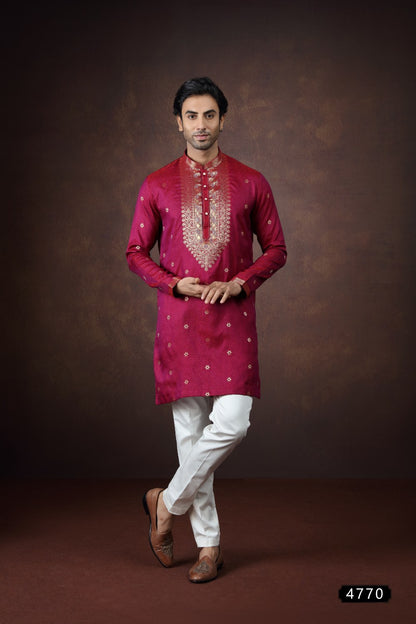 2 Toned Dark Pink Jaquard Silk Kurta Pajama (NMK-9175)
