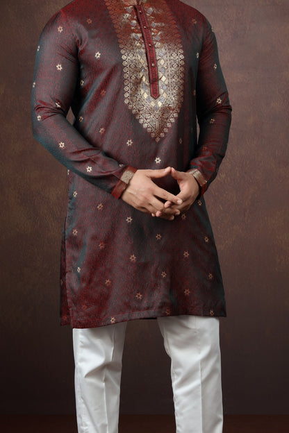 2 Toned Green Jaquard Silk Kurta Pajama (NMK-9176)