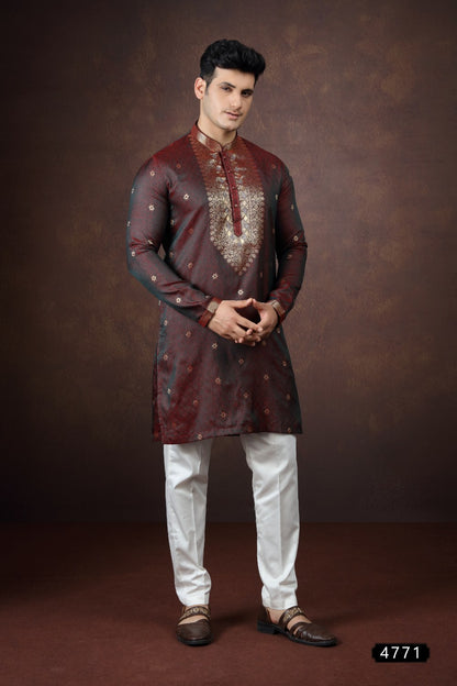 2 Toned Green Jaquard Silk Kurta Pajama (NMK-9176)