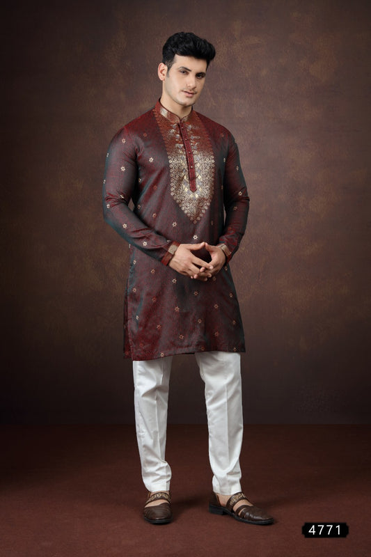 2 Toned Green Jaquard Silk Kurta Pajama (NMK-9176)