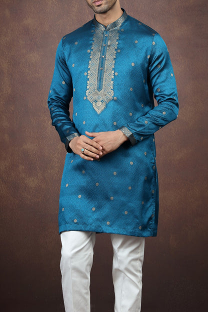 2 Toned Blue Jaquard Silk Kurta Pajama (NMK-9177)