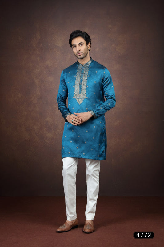 2 Toned Blue Jaquard Silk Kurta Pajama (NMK-9177)