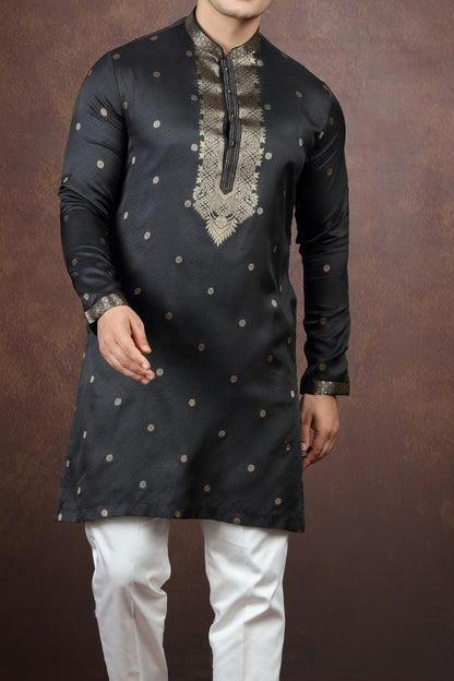 Black Jaquard Silk Kurta Pajama (NMK-9178)