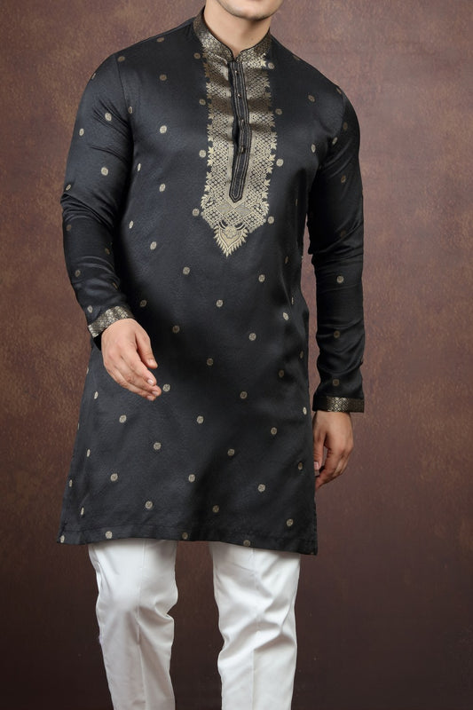 Black Jaquard Silk Kurta Pajama (NMK-9178)