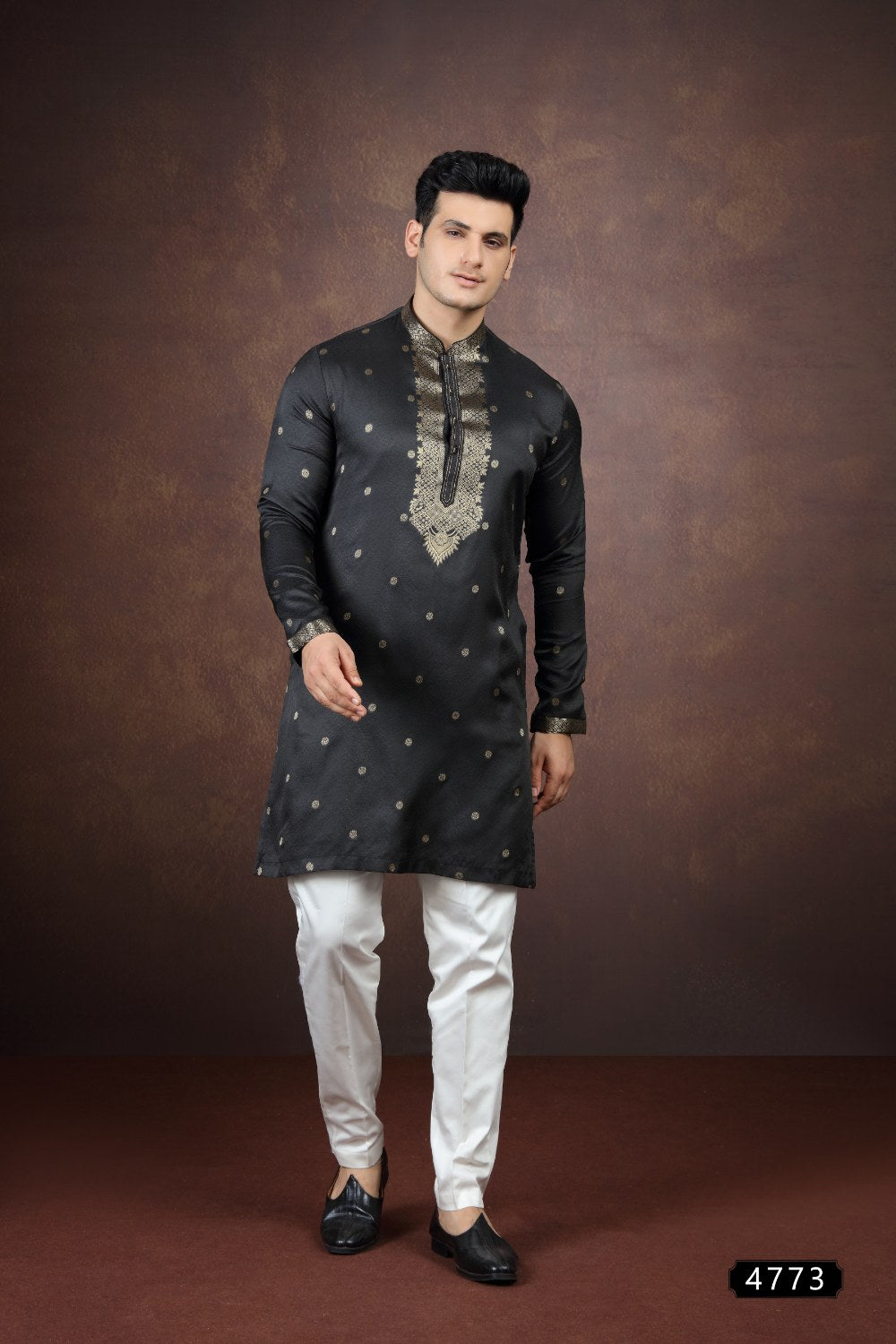 Black Jaquard Silk Kurta Pajama (NMK-9178)