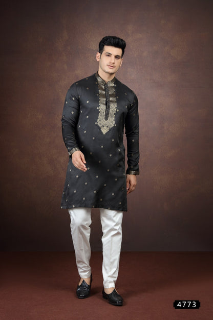 Black Jaquard Silk Kurta Pajama (NMK-9178)