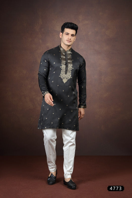 Black Jaquard Silk Kurta Pajama (NMK-9178)