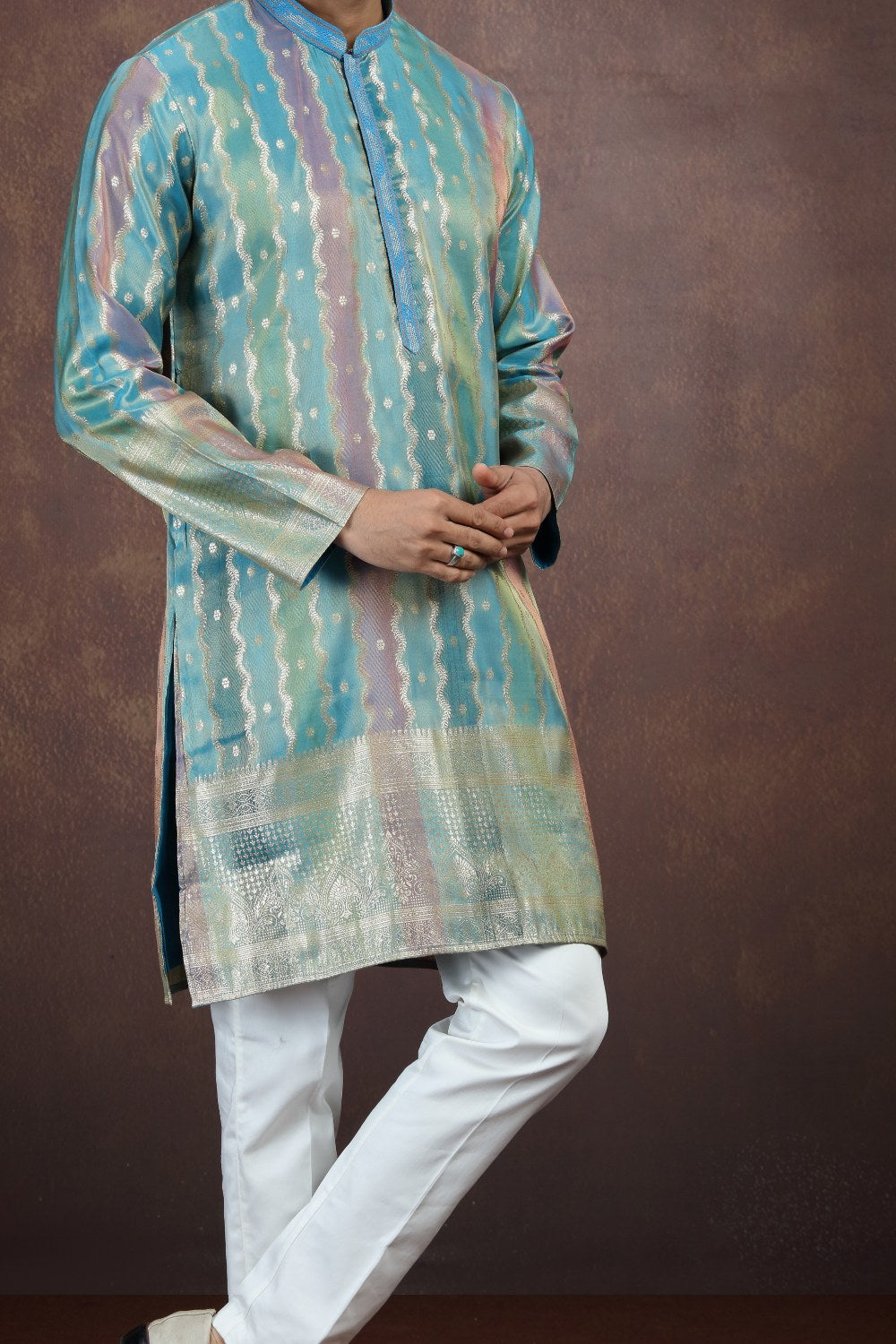 Blue Jaquard Art Silk Kurta Pajama (NMK-9186)