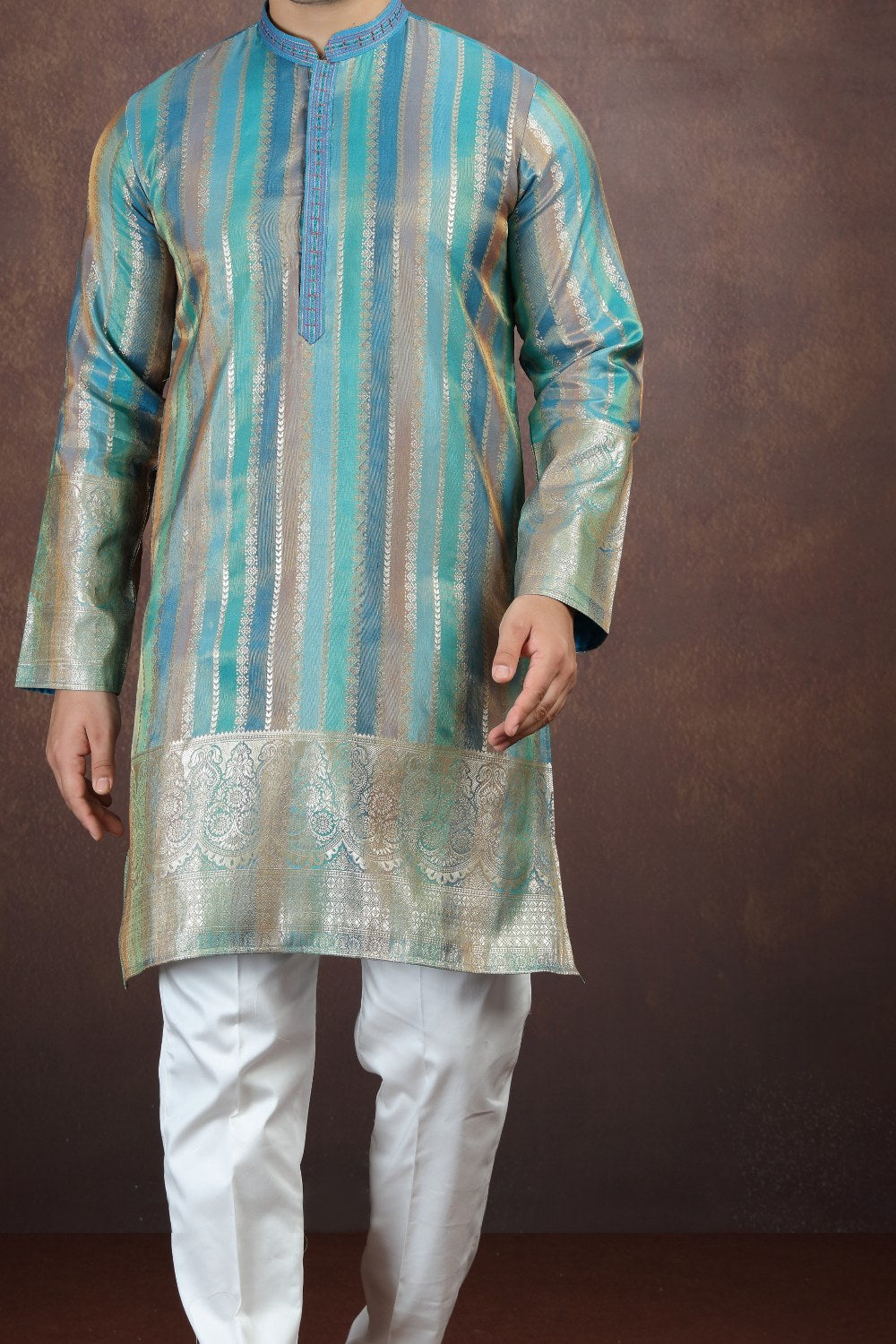 Blue Jaquard Art Silk Mens Kurta Pajama (NMK-9189)