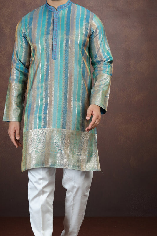 Blue Jaquard Art Silk Mens Kurta Pajama (NMK-9189)