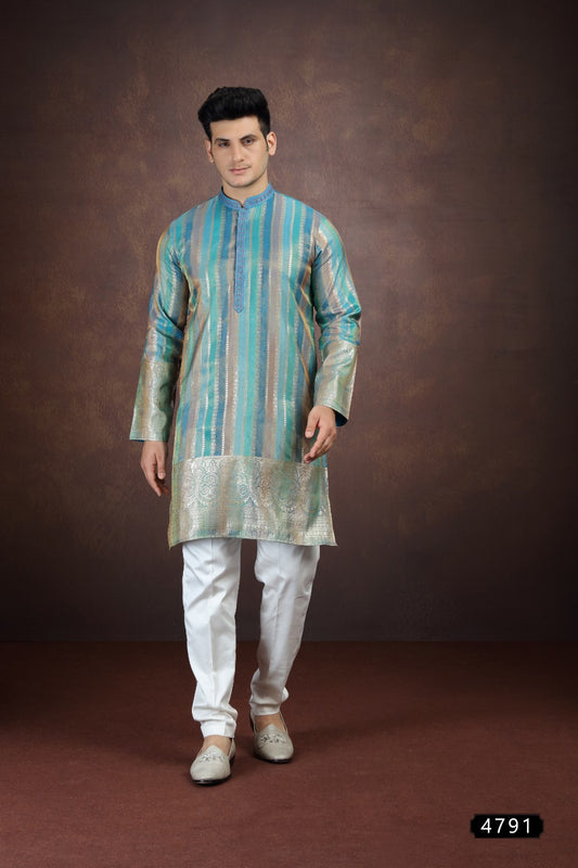 Blue Jaquard Art Silk Mens Kurta Pajama (NMK-9189)