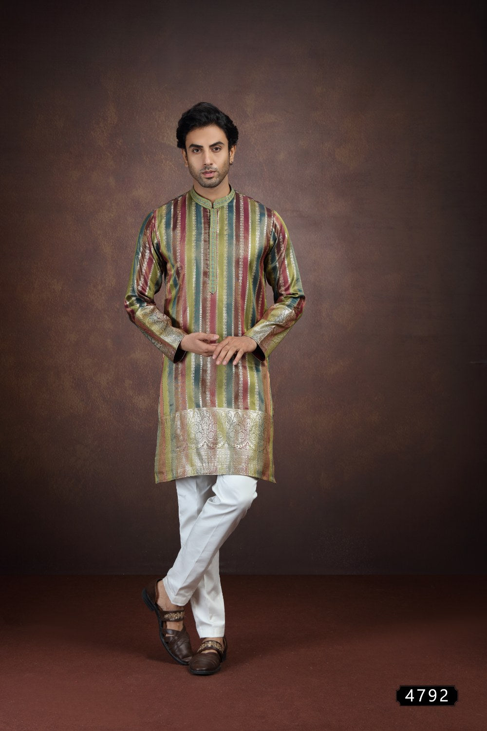 Multicolored Jaquard Art Silk Mens Kurta (NMK-9190)