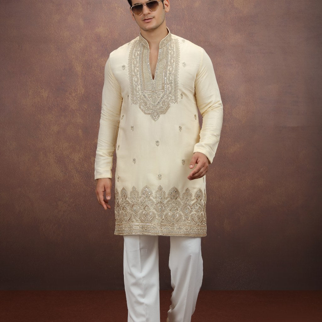 Gold Art Silk Mens Kurta Pajama (NMK-9194)