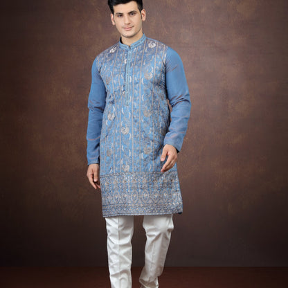 2 Tone Blue Art Silk Kurta Pajama (NMK-9202)
