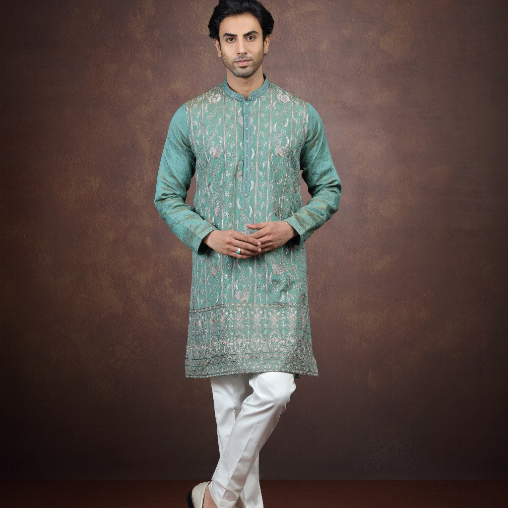 2 Tone Green Art Silk Kurta Pajama (NMK-9203)