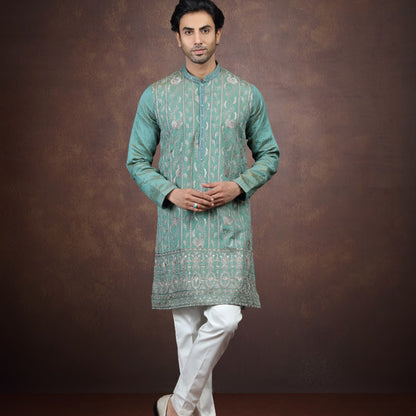 2 Tone Green Art Silk Kurta Pajama (NMK-9203)