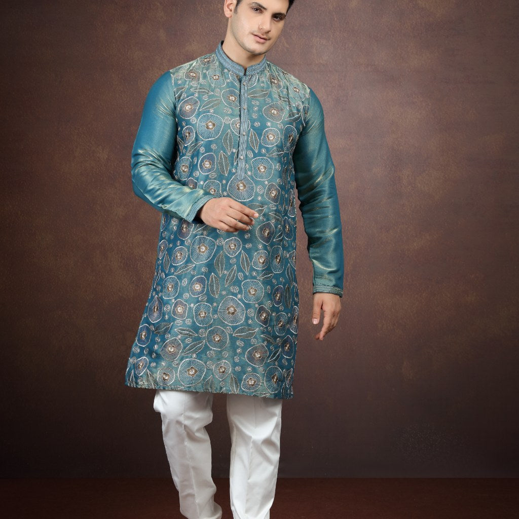 2 Tone Green Art Silk Mens Kurta Pajama (NMK-9205)