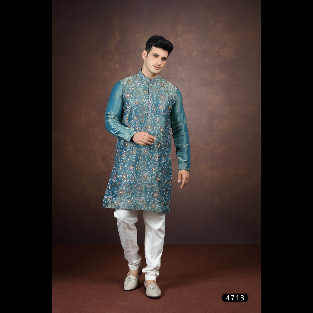 2 Tone Green Art Silk Mens Kurta Pajama (NMK-9205)