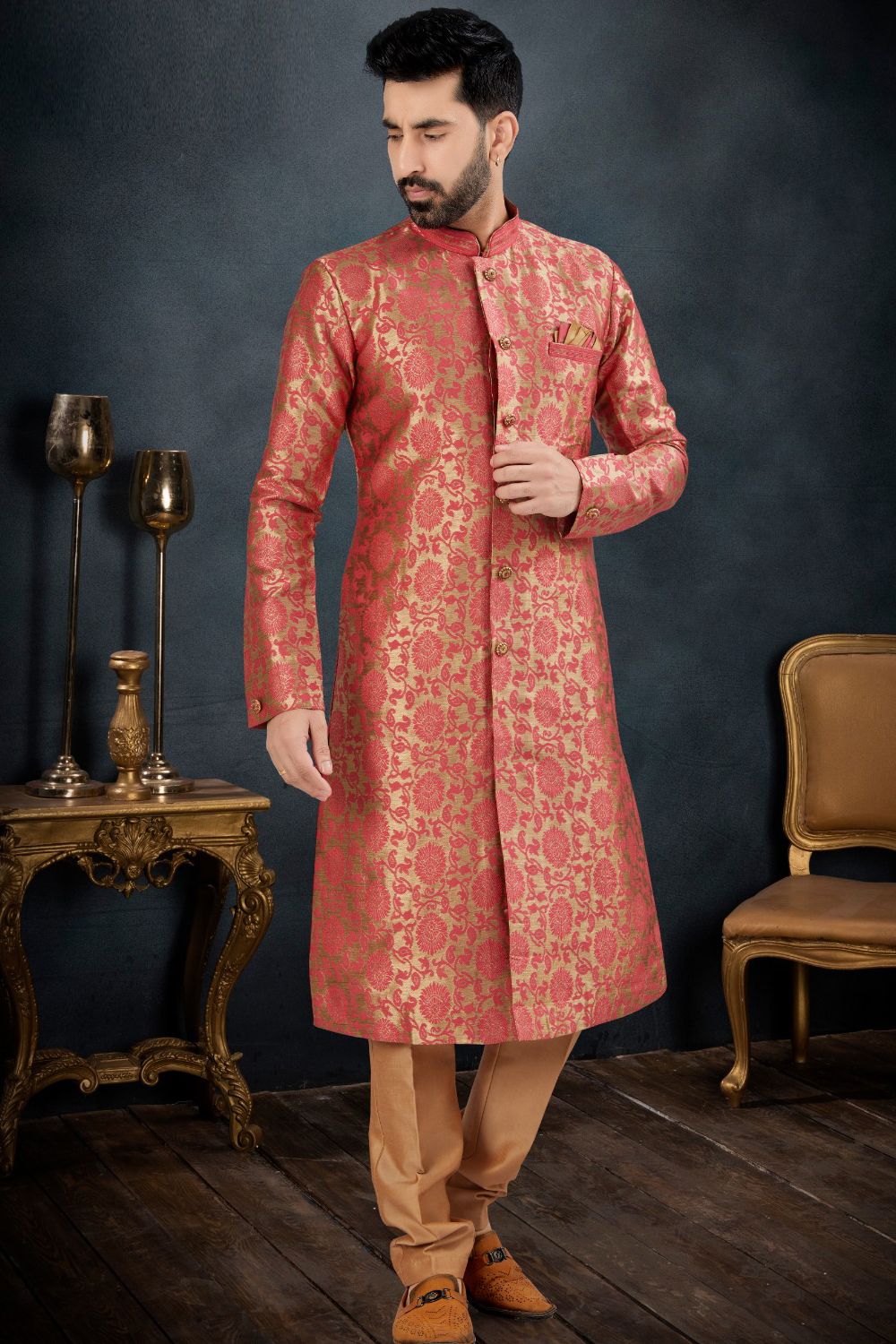 Antique with Pink Banarasi Jaquard Indo Western (NMK-7611) - Nihal Fashions