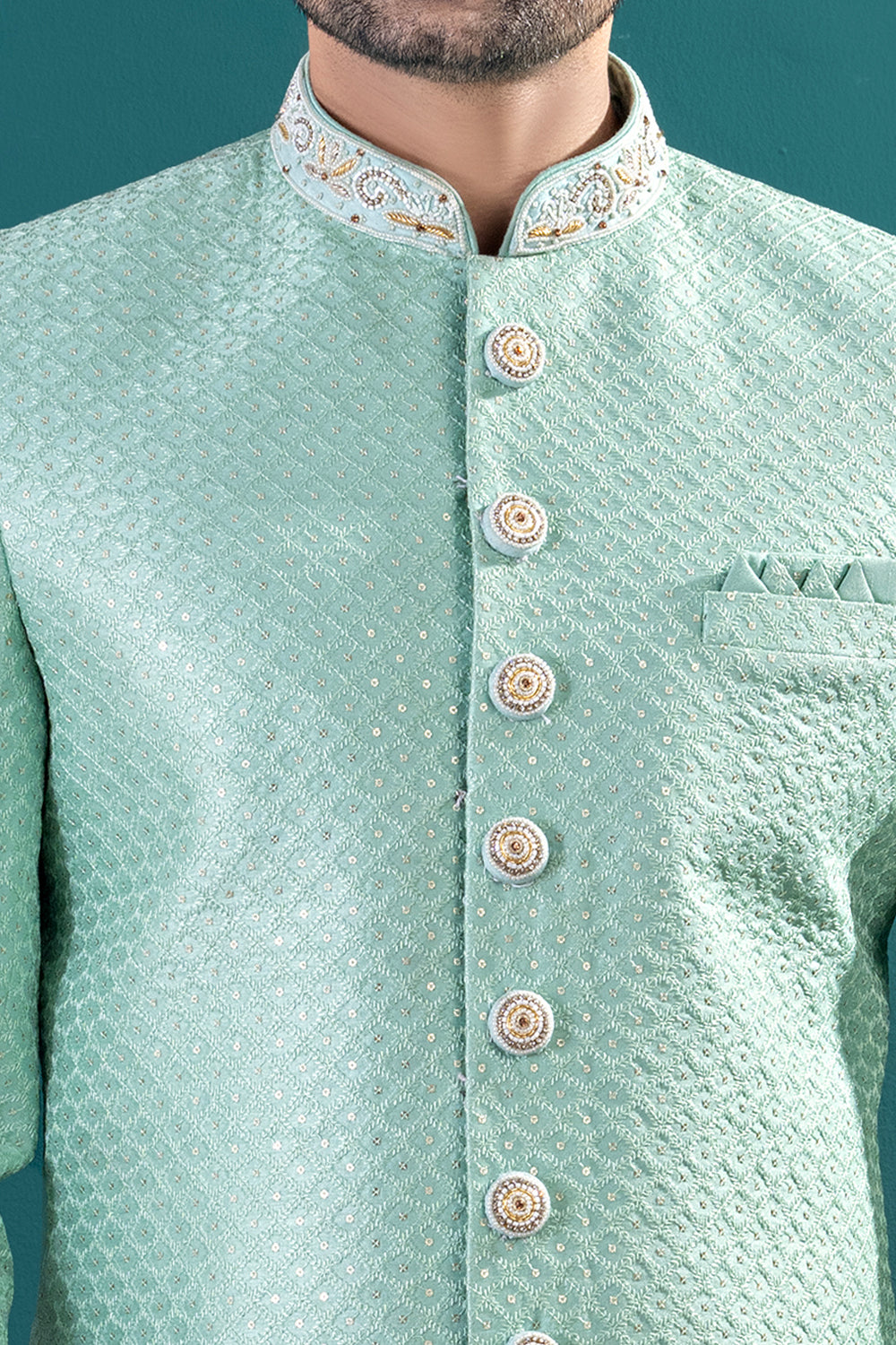 Aqua Green Lucknowi Indo Western (NMK-8453) - Nihal Fashions