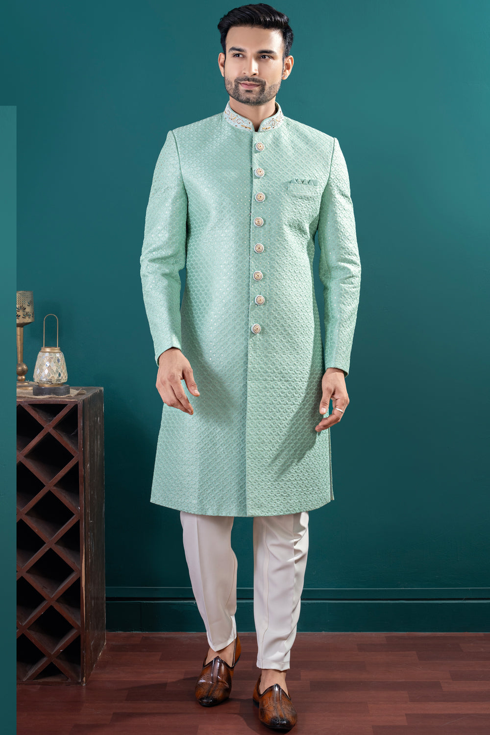 Aqua Green Lucknowi Indo Western (NMK-8453) - Nihal Fashions