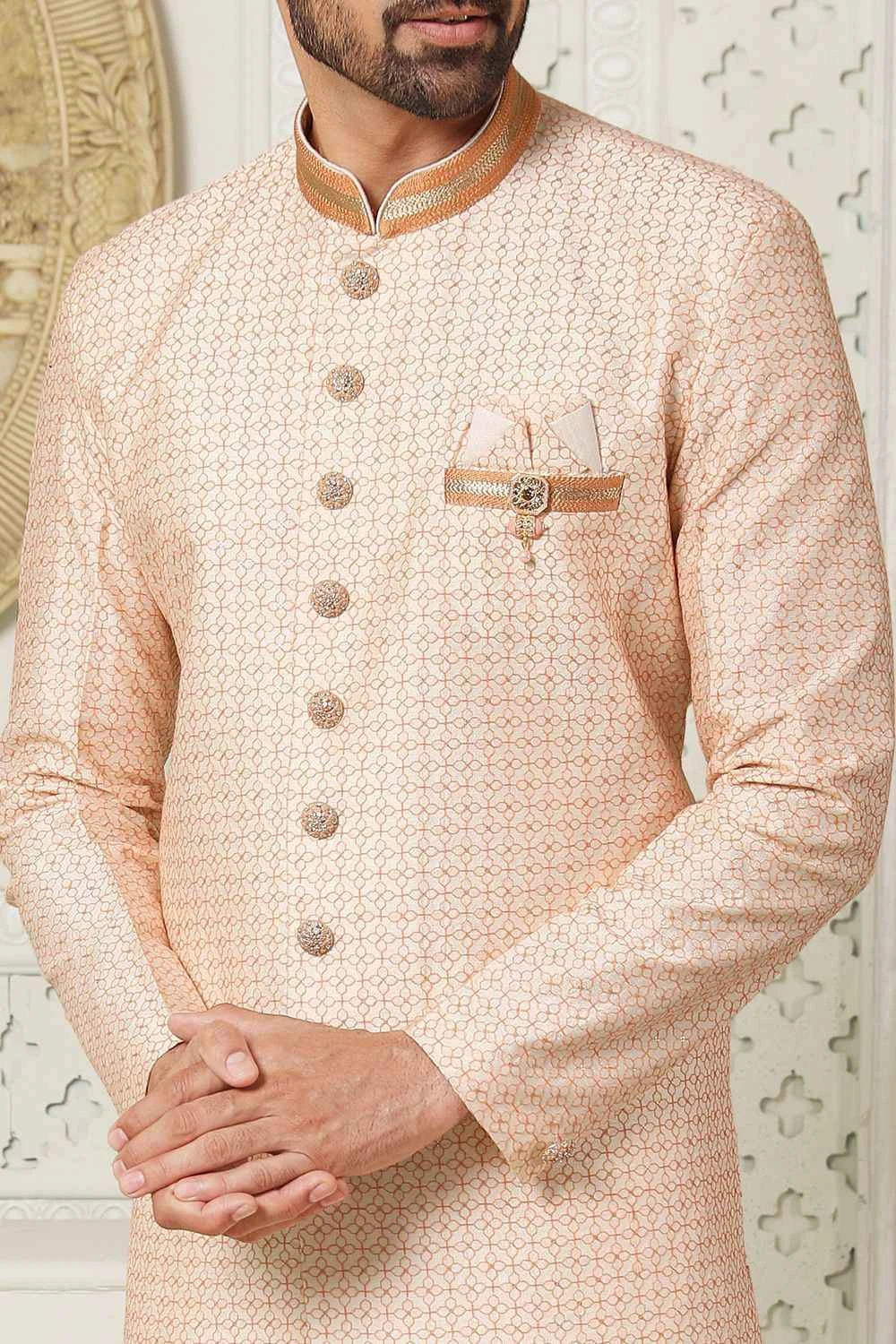 Art Embroidered Silk Orange Indo Western for Men (NMK-6502)
