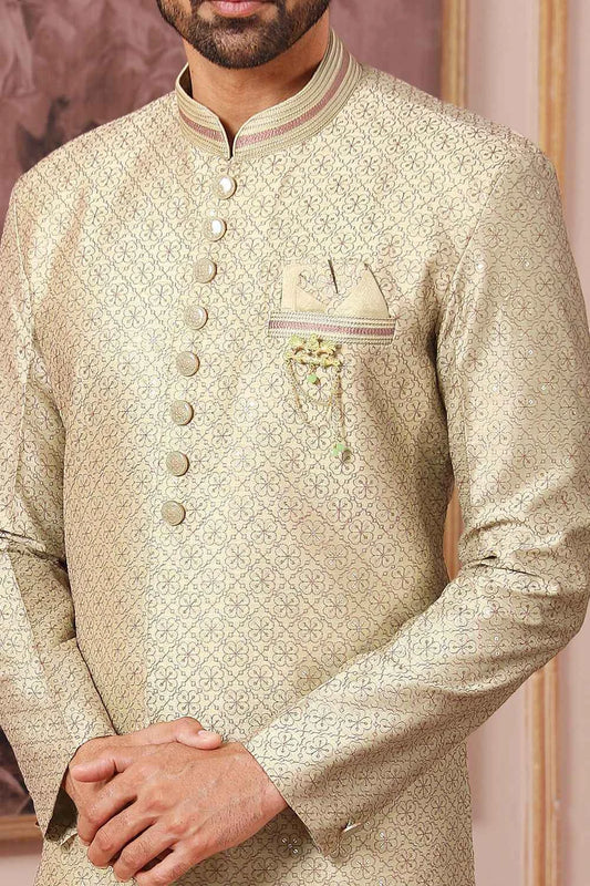 Art Embroidered Silk Pista Green Indo Western (NMK-6507)