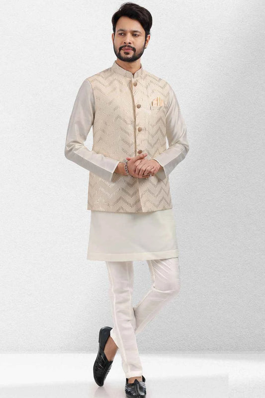 Art Silk Cream Thread work Nehru Jacket (NMK-6583)