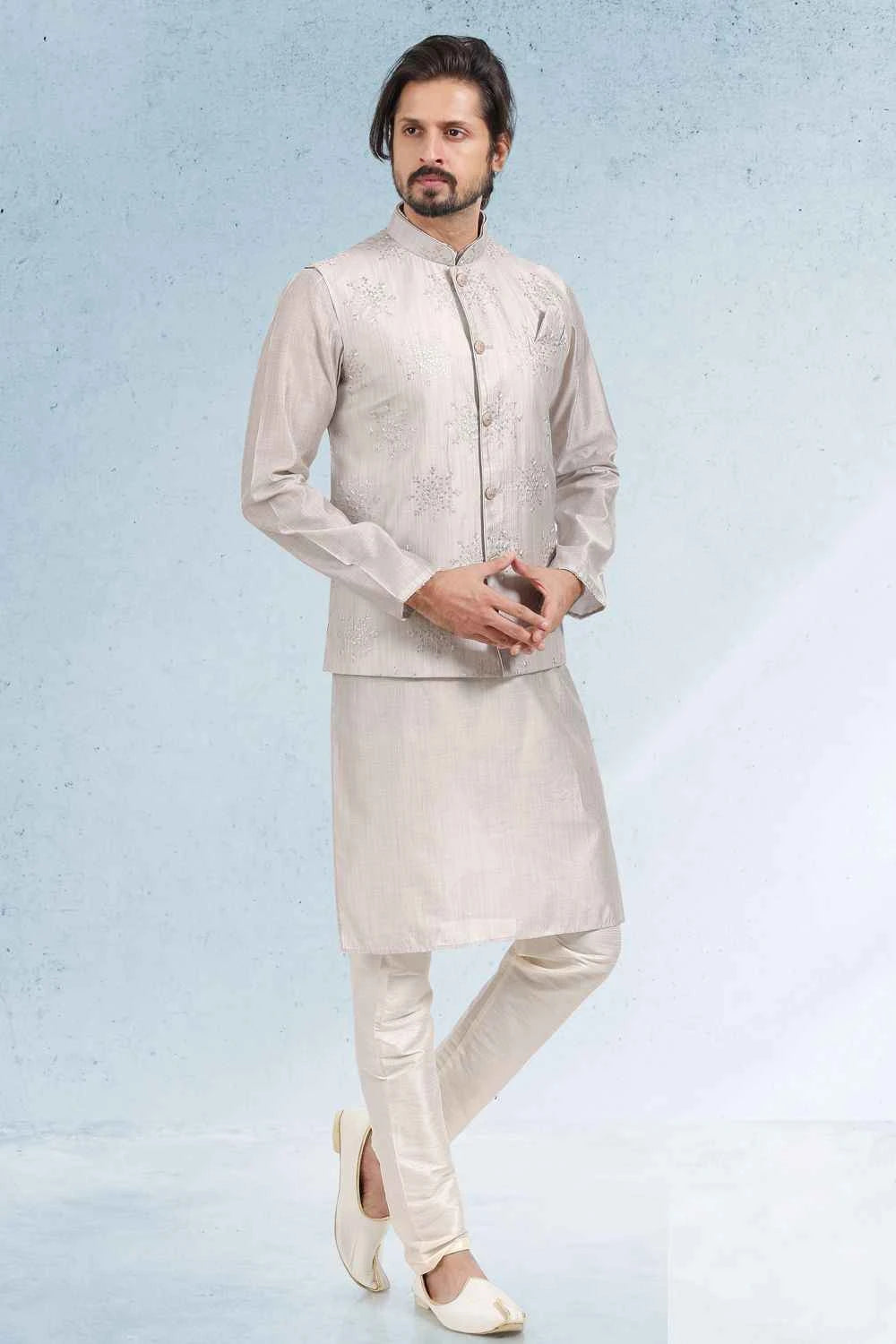 Art Silk Grey Embroidered Mens Nehru Jacket (NMK-6473)
