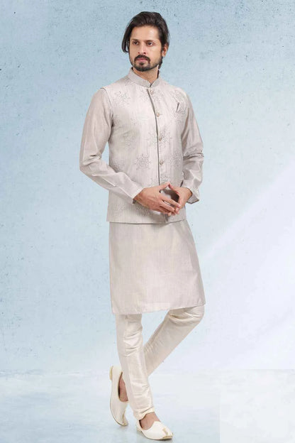Art Silk Grey Embroidered Mens Nehru Jacket (NMK-6473)