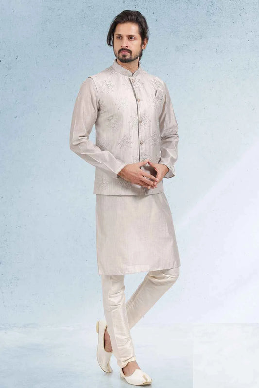 Art Silk Grey Embroidered Mens Nehru Jacket (NMK-6473)
